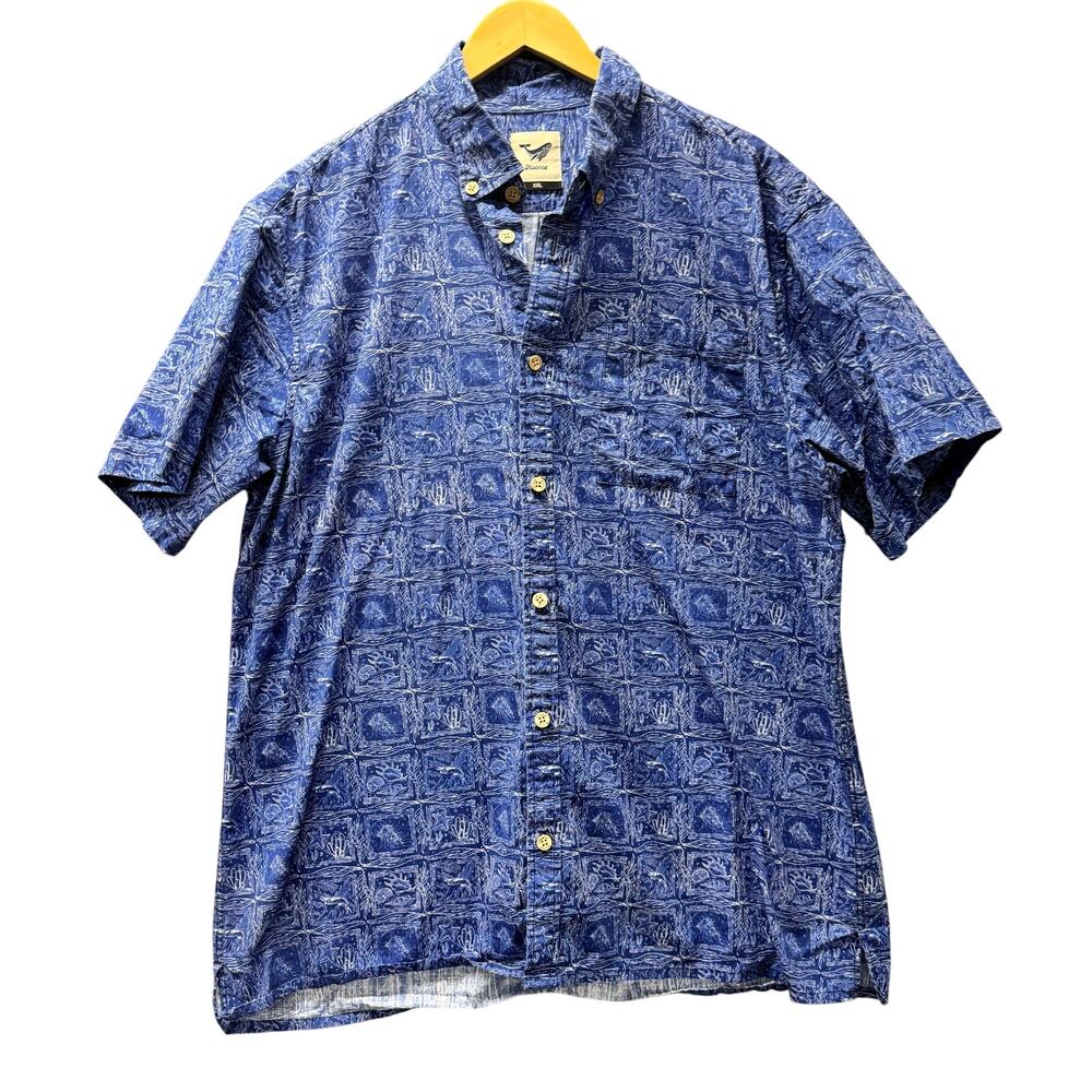 Yiume Tropical Shirt Mens XXL Blue Button Down Line‎ Print Coastal Beachy Resort